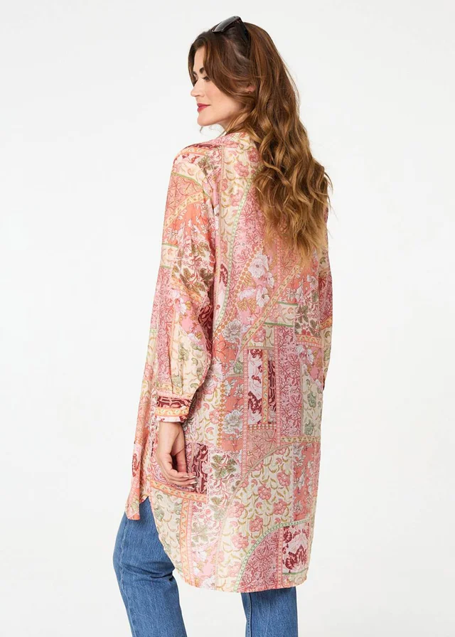 Izabel London Pink Printed Long Sleeve Longline Shirt