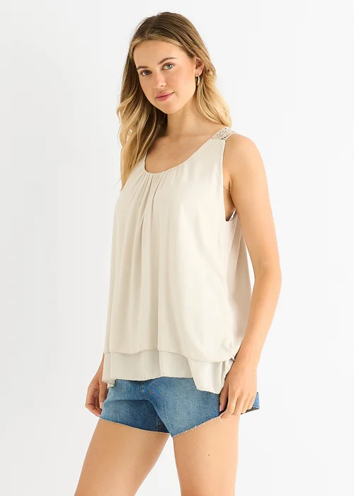 Gini London Beige Crochet Panel Double Layer Long Top - M/L Image 4