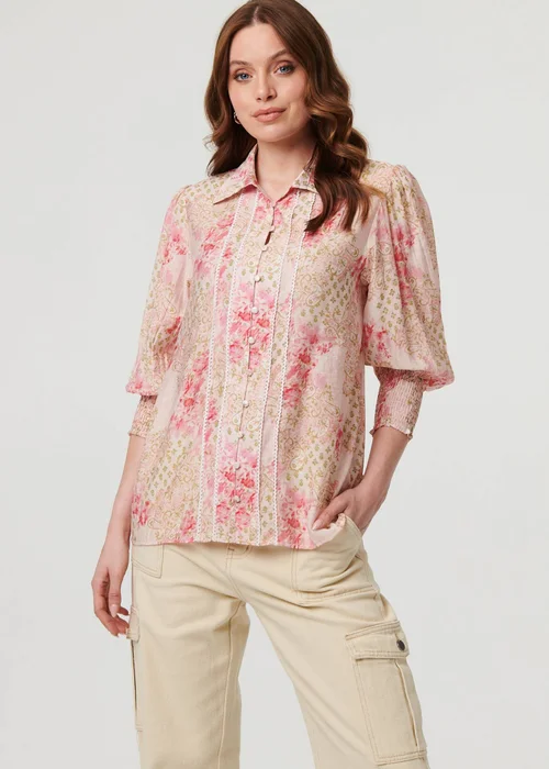 Izabel London Pink Floral Lace Trim 3/4 Puff Sleeve Shirt - 10 Image 4