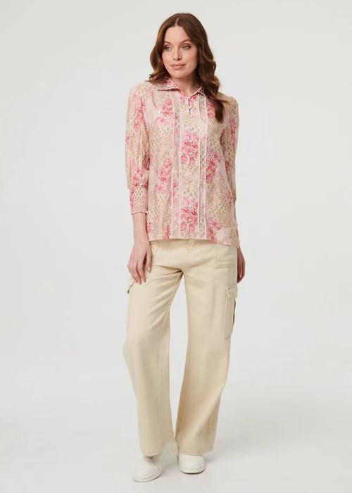 Izabel London Pink Floral Lace Trim 3/4 Puff Sleeve Shirt - 10 Image 1