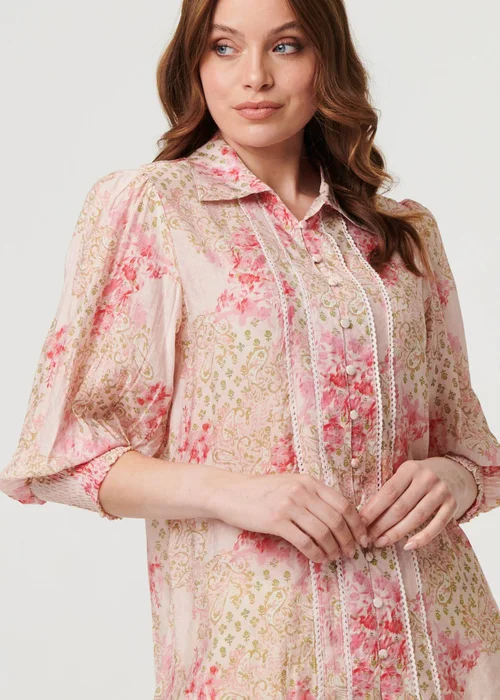 Izabel London Pink Floral Lace Trim 3/4 Puff Sleeve Shirt - 10 Image 3