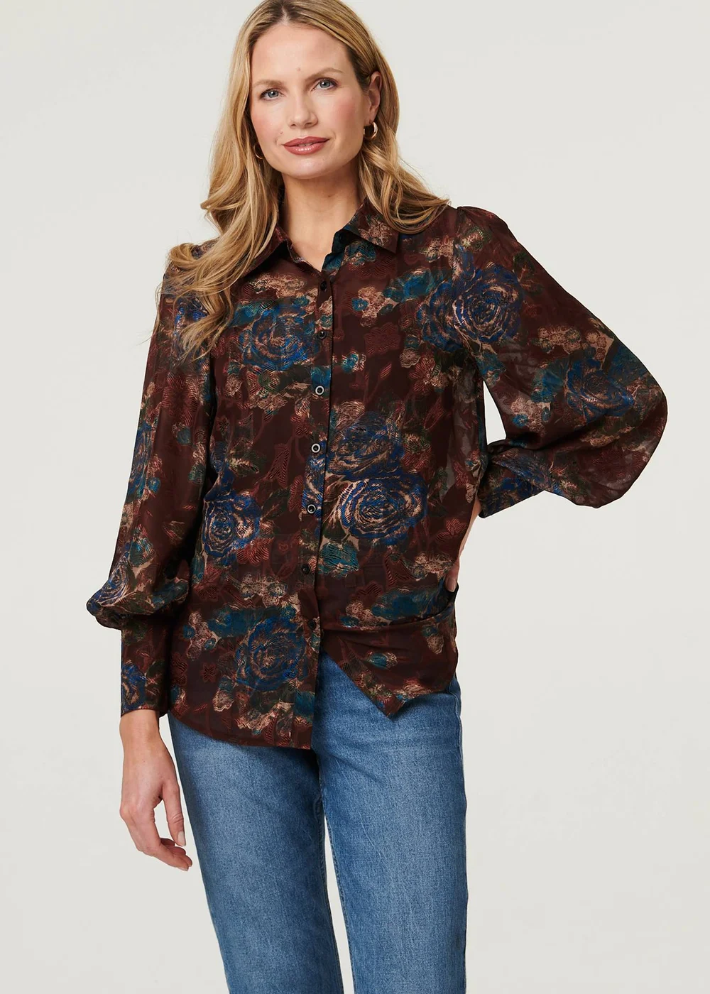 Izabel London Brown Printed Balloon Sleeve Relaxed Shirt - 16 Image 3