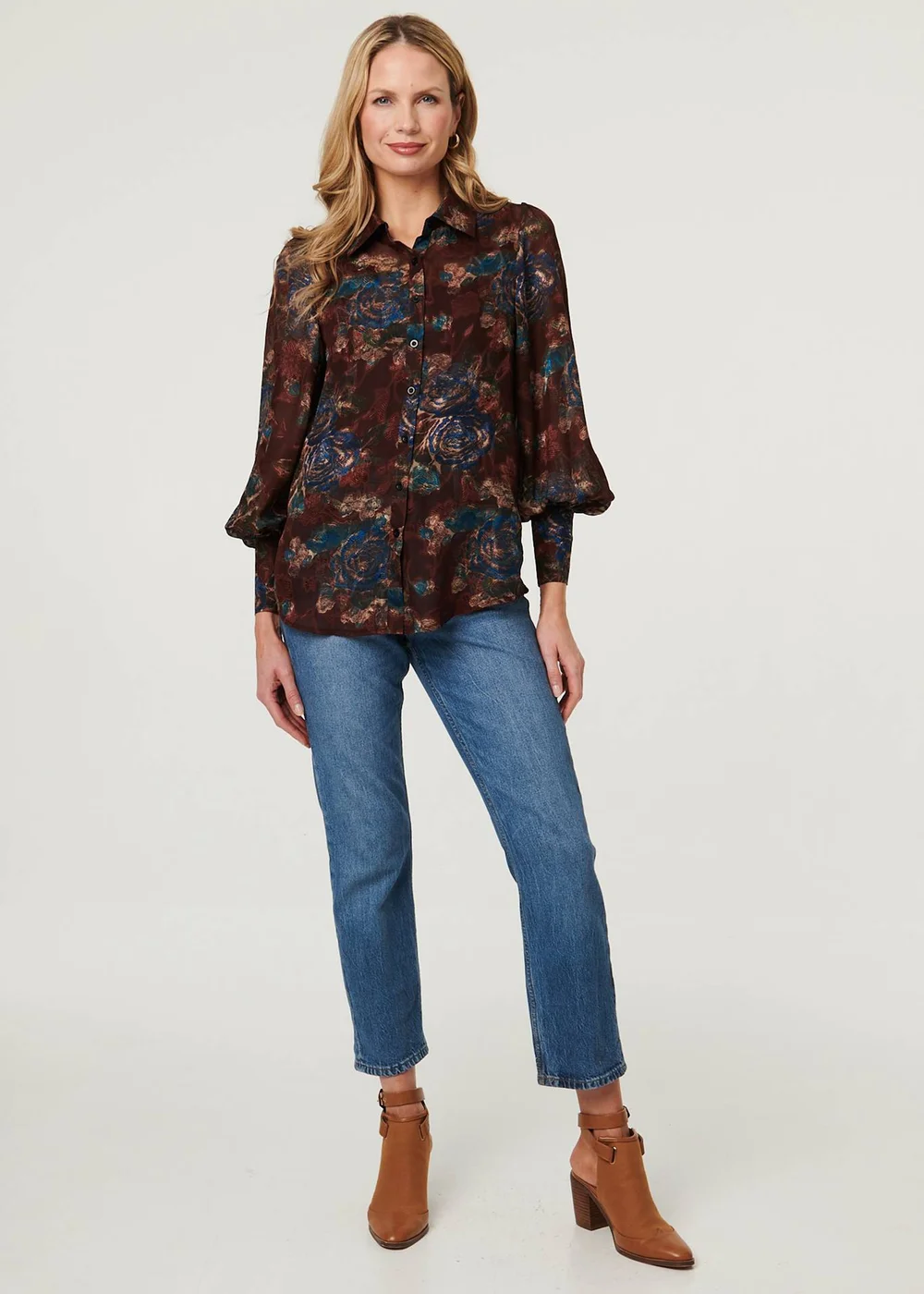 Izabel London Brown Printed Balloon Sleeve Relaxed Shirt - 16 Image 1