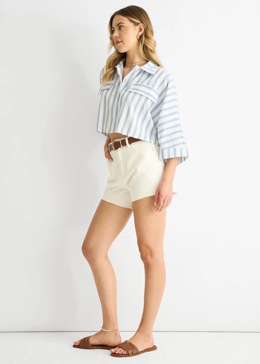 Gini London Blue Stripe Cotton Oversized Crop Shirt - L/XL Image 4