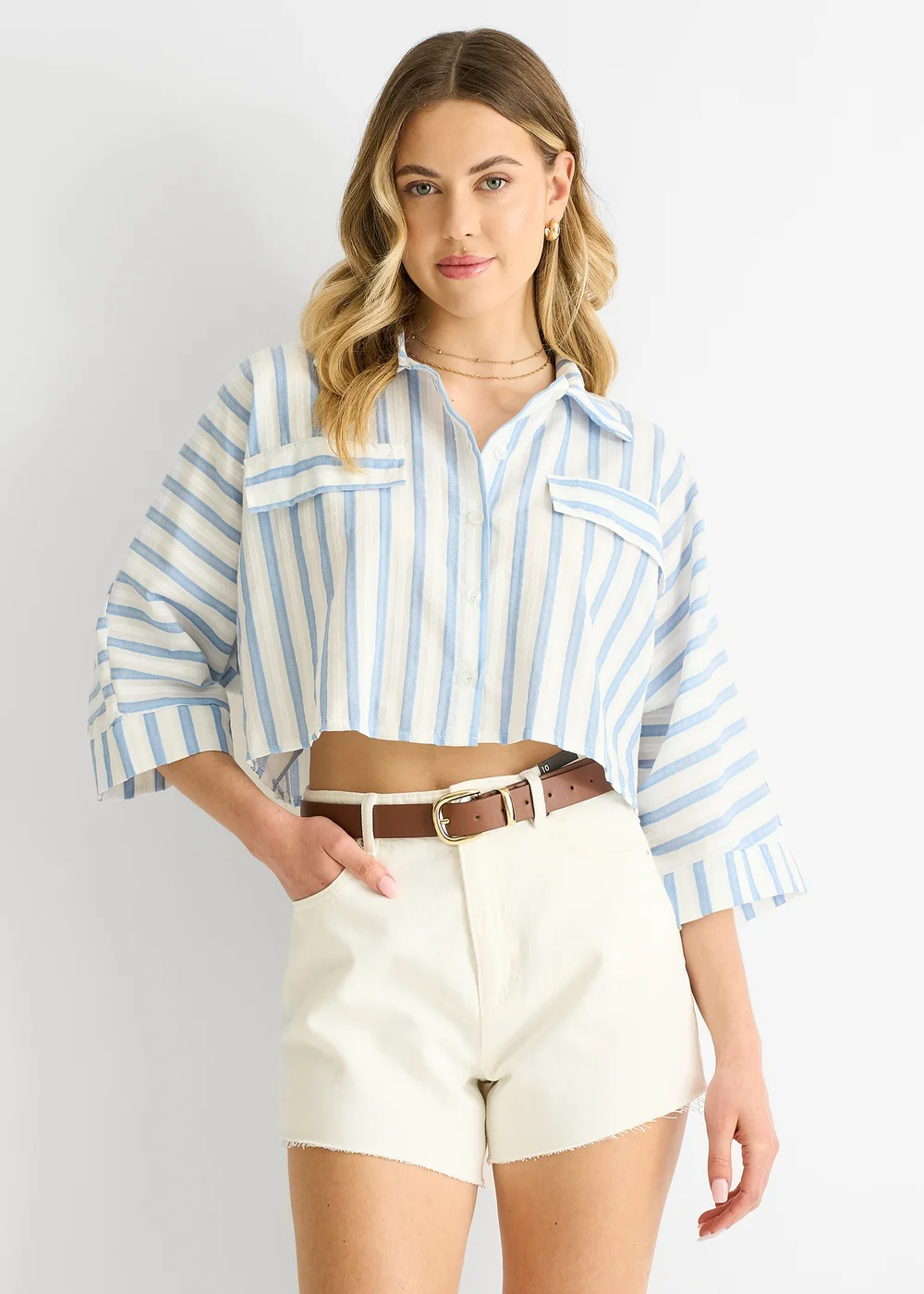 Gini London Blue Stripe Cotton Oversized Crop Shirt - L/XL Image 3