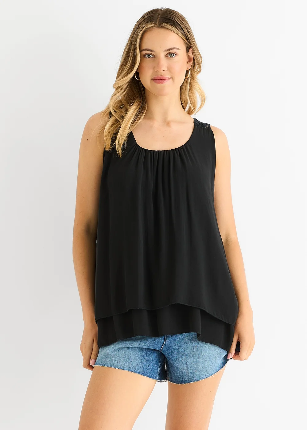 Gini London Black Crochet Panel Double Layer Long Top - S/M Image 1