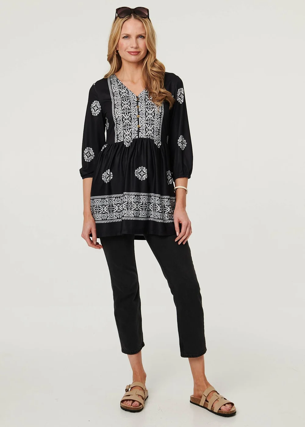 Izabel London Black Embroidered 3/4 Sleeve Shirred Blouse - 8 Image 1