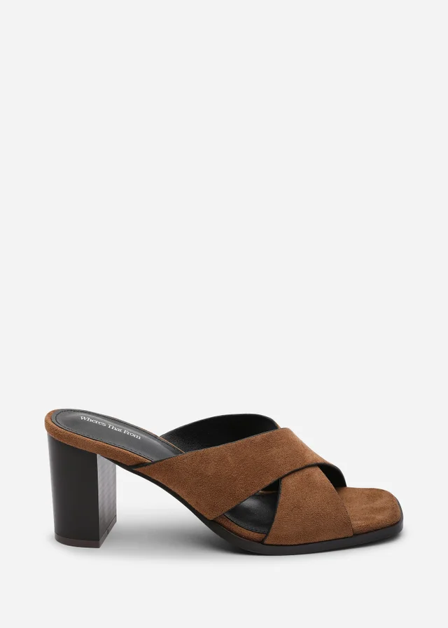 Where's That From Livana Crossover Strap Block Heel Sandal In Cognac Suede