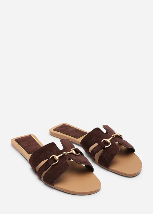 Where's That From Dorina Embellished Wide Fit Dark Brown Faux Suede Slide On Sandals - 4 Wide Image 3