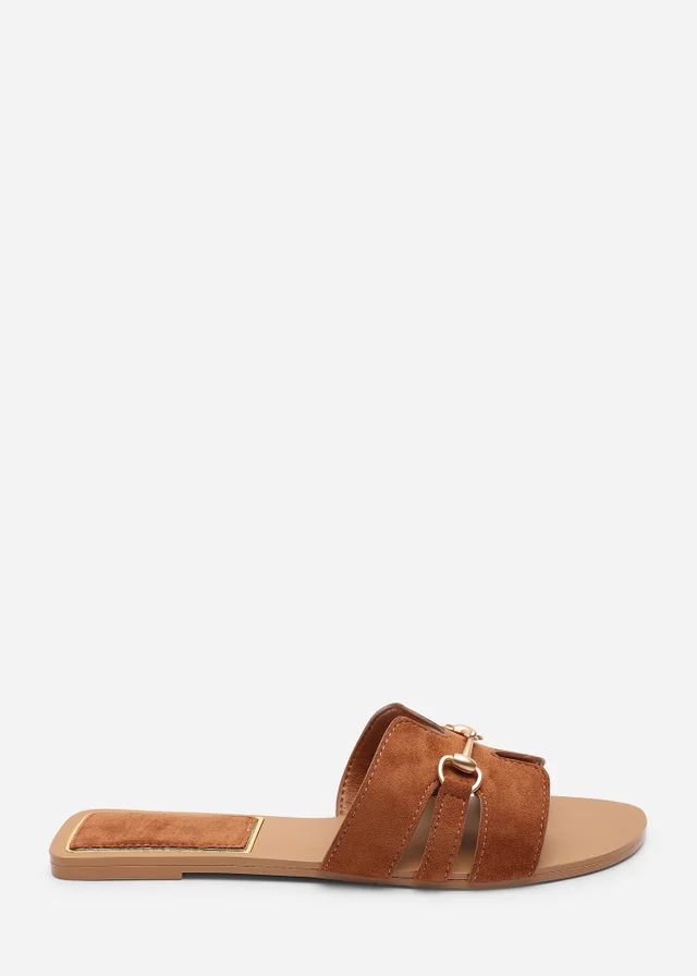 Where's That From Dorina Embellished Wide Fit Tan Faux Suede Slide On Sandals