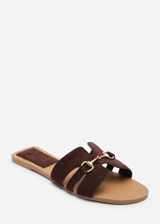 Where's That From Dorina Embellished Dark Brown Suede Slide On Sandals