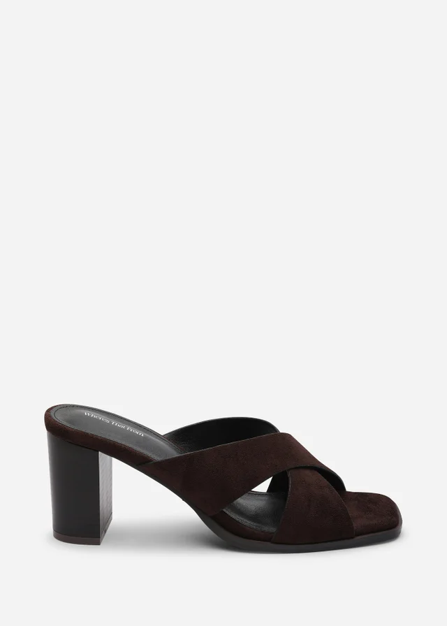 Where's That From Livana Crossover Strap Block Heel Sandal In Dark Brown Suede