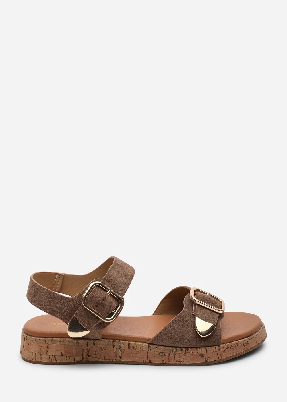 Where's That From Iridia Double Buckle Camel Faux Suede Low Wedge Sandal - 6 Image 1