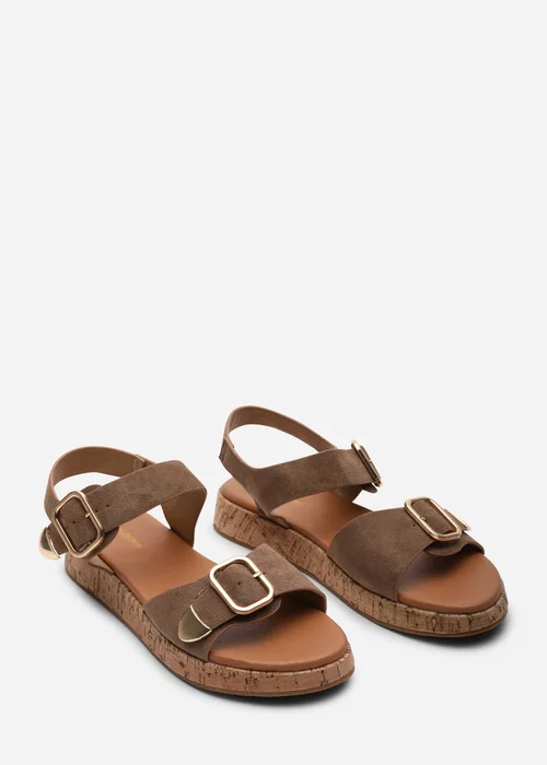 Where's That From Iridia Double Buckle Camel Faux Suede Low Wedge Sandal - 6 Image 4