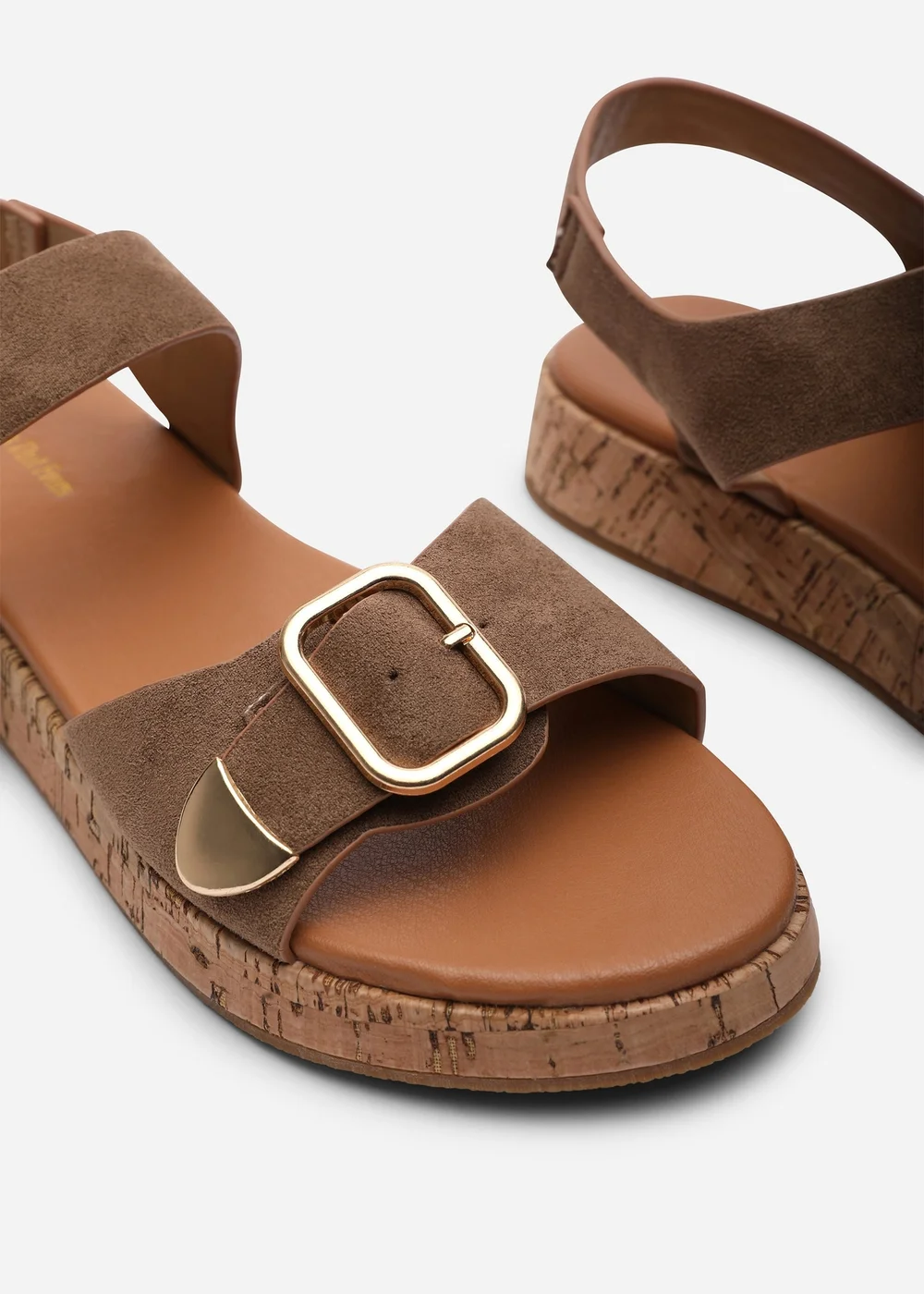 Where's That From Iridia Double Buckle Camel Faux Suede Low Wedge Sandal - 6 Image 5