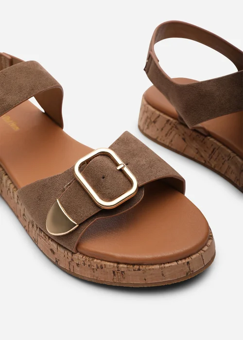 Where's That From Iridia Double Buckle Camel Faux Suede Low Wedge Sandal - 6 Image 5