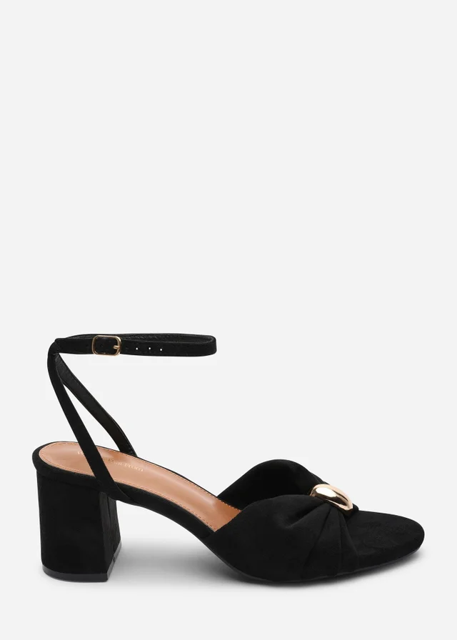 Where's That From Bluebird Block Heel Ruched Buckle Black Faux Suede Sandal