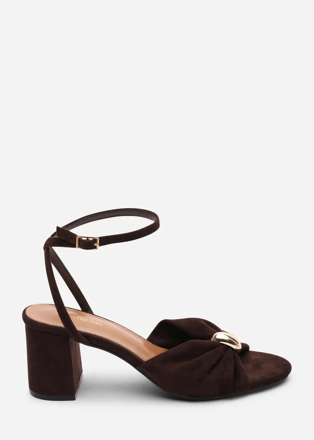 Where's That From Bluebird Block Heel Ruched Buckle Dark Brown Faux Suede Sandal