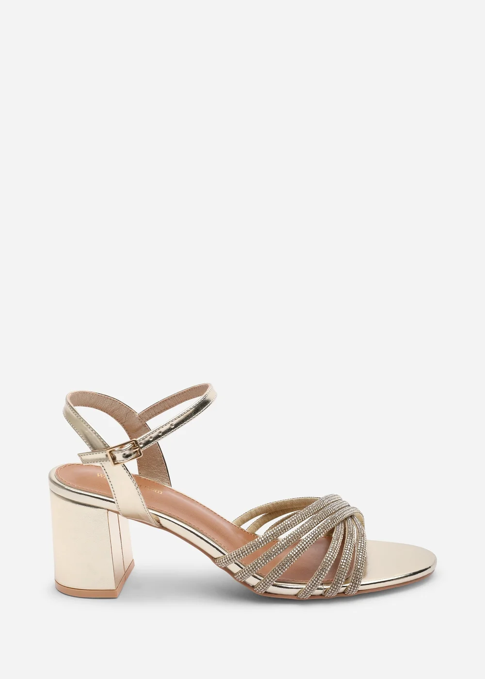 Where's That From Bellini Cross Over Diamante Strap Gold Metallic Block Heel Sandals - 5 Image 2