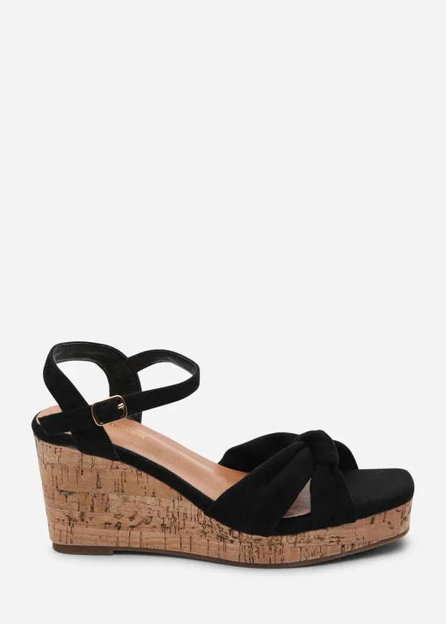 Where's That From Mystique Platform Knot Detail Black Faux Suede Wedge