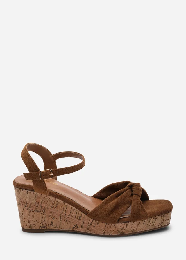 Where's That From Mystique Platform Knot Detail Cognac Faux Suede Wedge