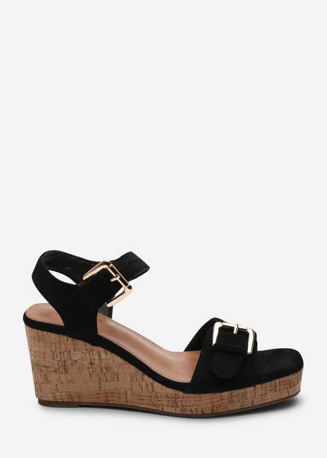 Where's That From Olivine Double Strap Platform Black Faux Suede Wedge