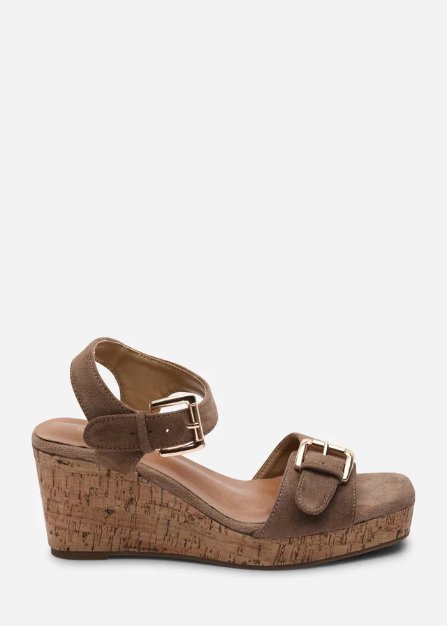 Where's That From Olivine Double Strap Platform Camel Faux Suede Wedge