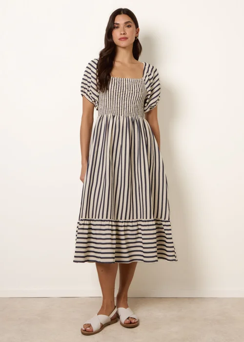 Blue Vanilla Blue Square Neck Puff Sleeve Stripe Midi Dress - S Image 1