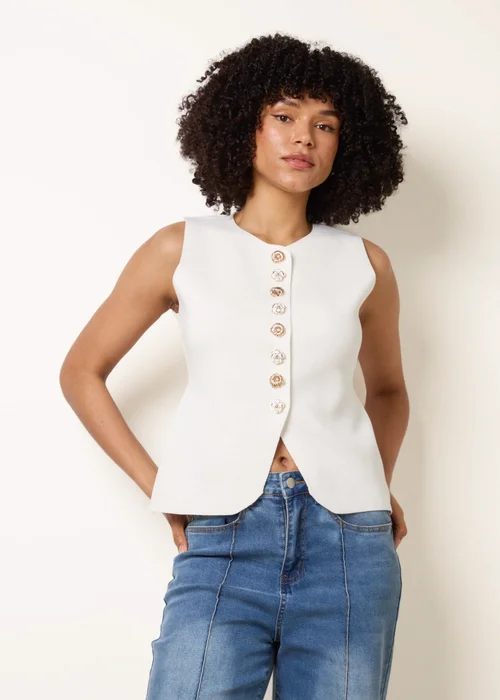 Blue Vanilla Ivory Sleeveless Ribbed Button-Front Vest - S/M Image 3