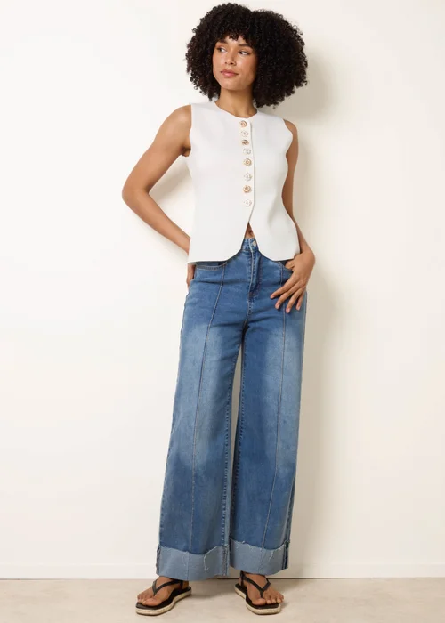 Blue Vanilla Ivory Sleeveless Ribbed Button-Front Vest - S/M Image 2