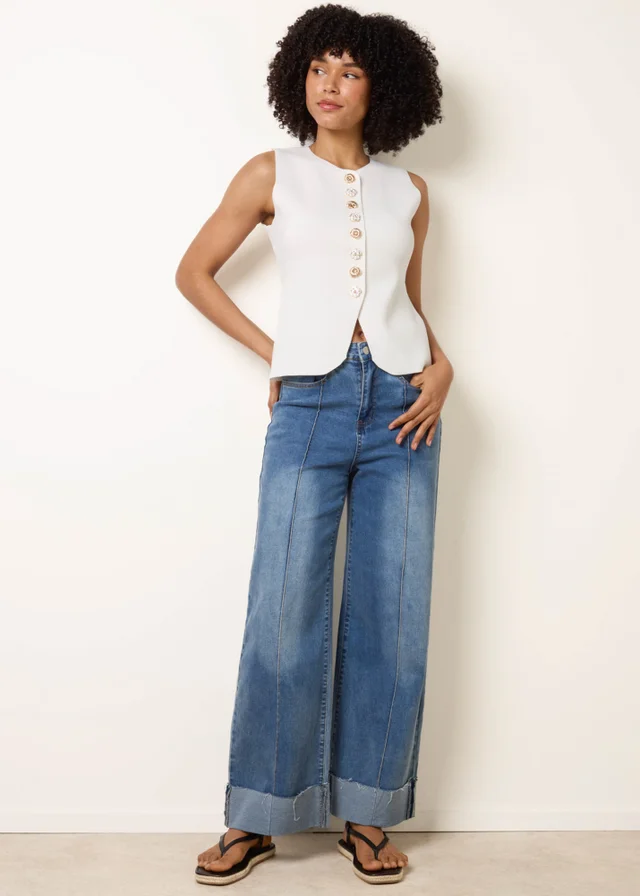 Blue Vanilla Ivory Sleeveless Ribbed Button-Front Vest