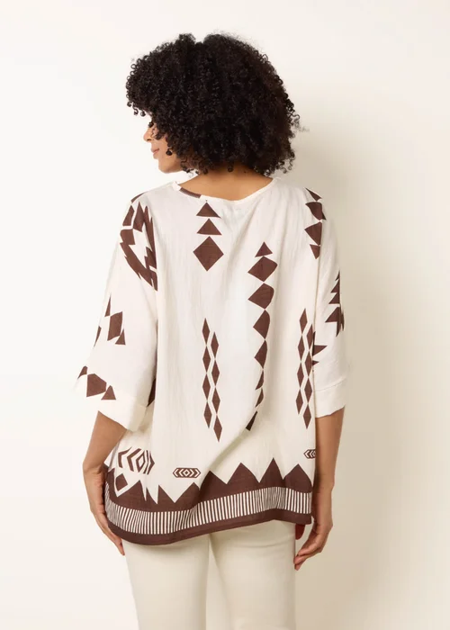 Blue Vanilla Beige Linen Geometric Print Top - S/M Image 4
