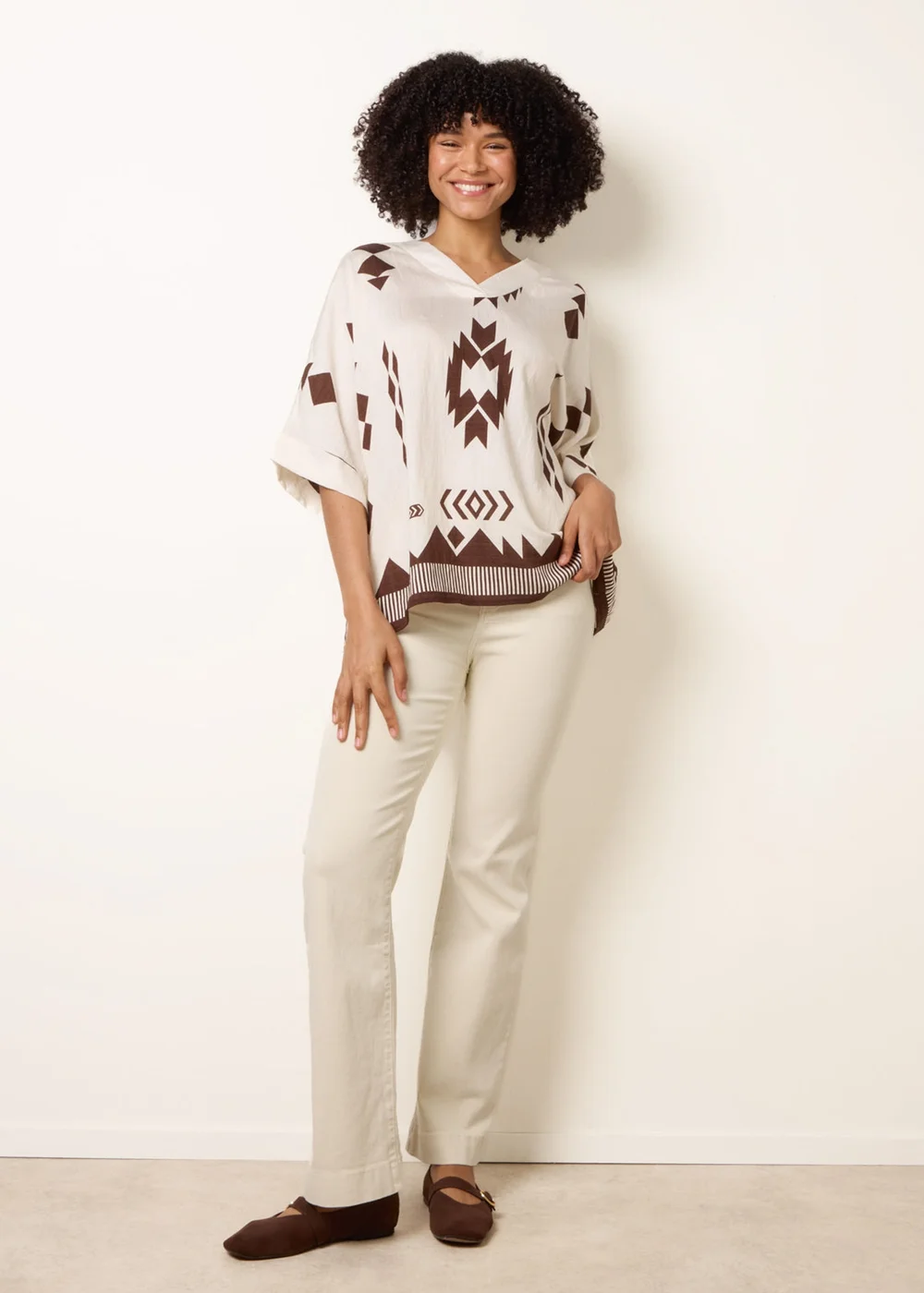 Blue Vanilla Beige Linen Geometric Print Top - S/M Image 3