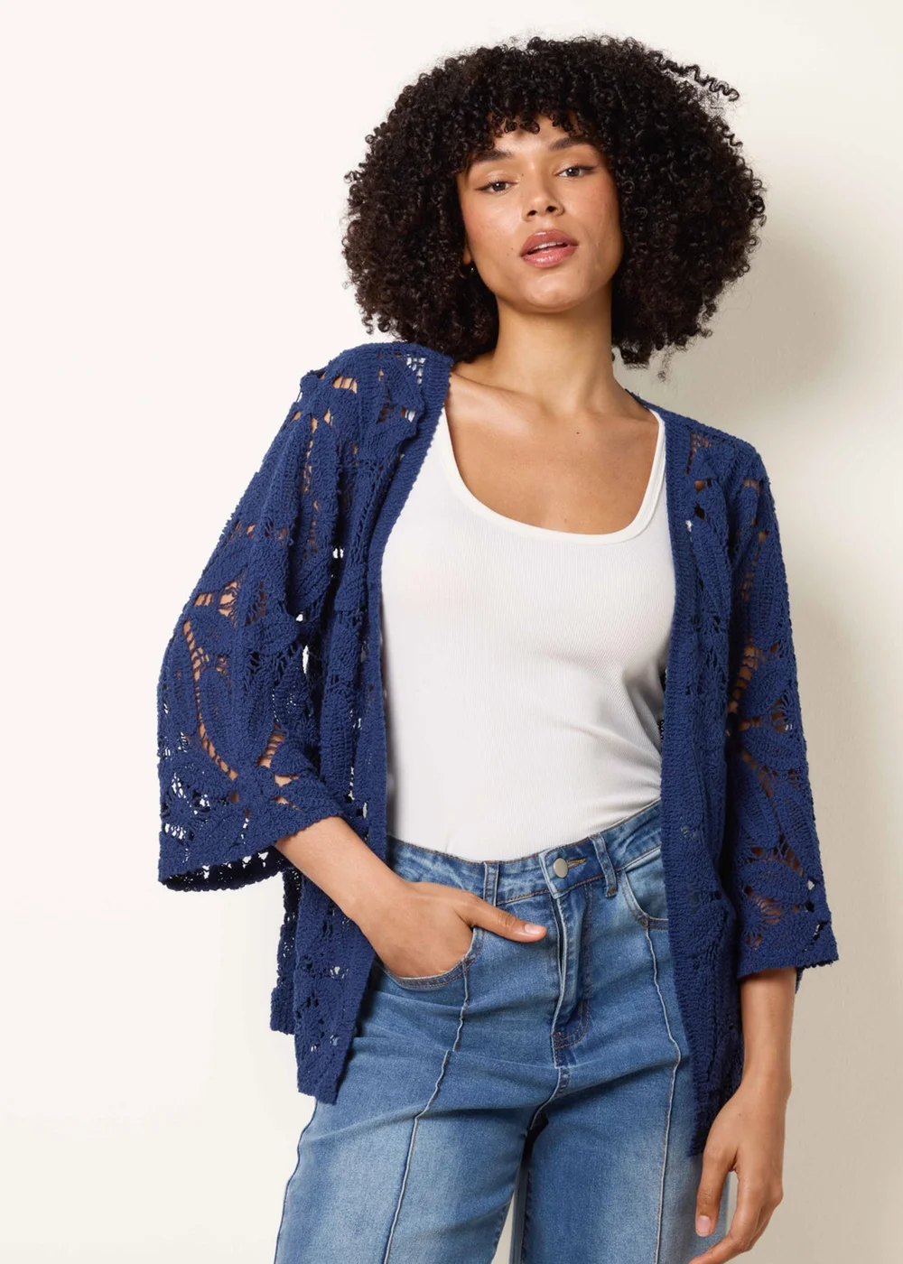 Blue Vanilla Navy Crochet Tie Front Cardigan - S/M Image 2