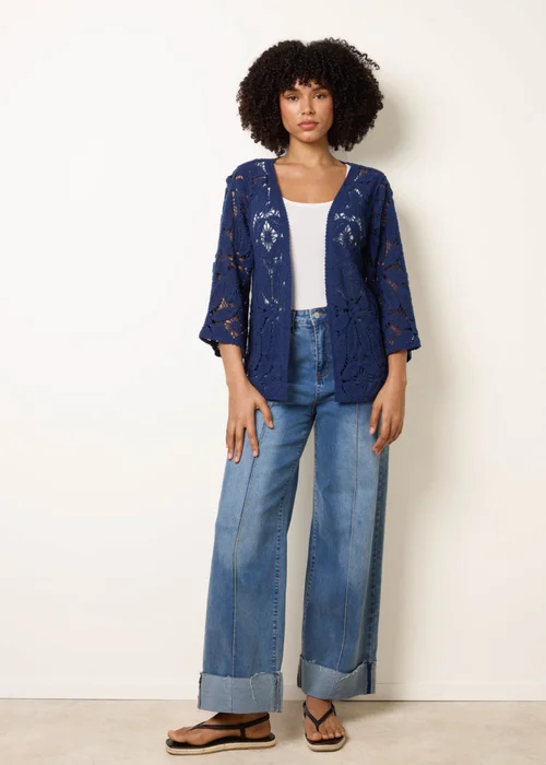 Blue Vanilla Navy Crochet Tie Front Cardigan - S/M Image 3