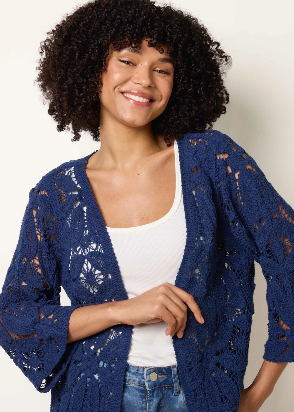 Blue Vanilla Navy Crochet Tie Front Cardigan - S/M Image 1