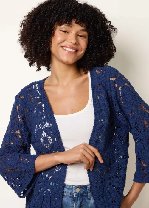 Blue Vanilla Navy Crochet Tie Front Cardigan - S/M Image 1