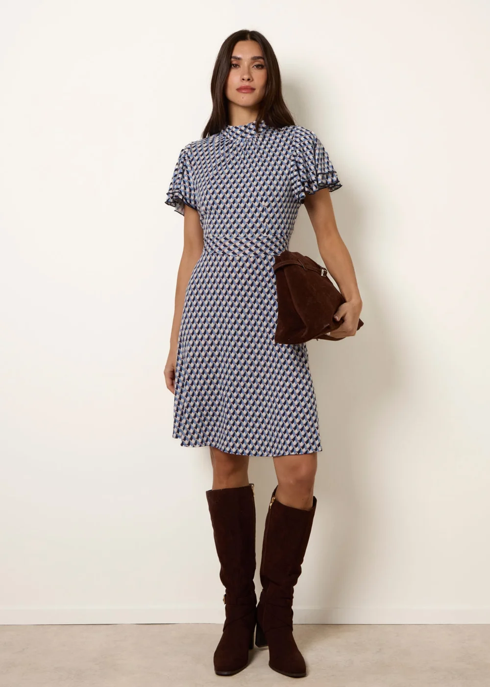 Blue Vanilla Multi High Neck Angel Sleeve Mini Dress - 16 Image 1