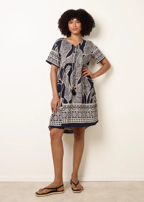 Blue Vanilla Navy Dress With Tropical Leaf Print - M/L Image 1
