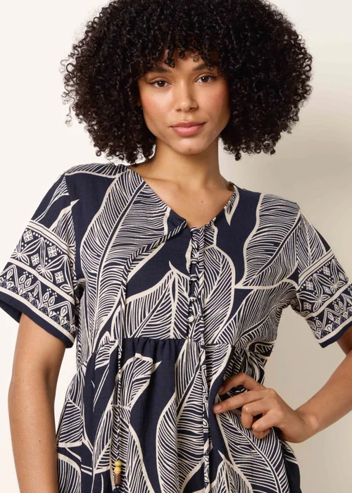 Blue Vanilla Navy Dress With Tropical Leaf Print - M/L Image 3
