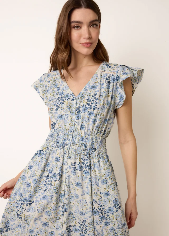 Blue Vanilla Blue Ditsy Floral Print Shirred Waist Button Front Maxi Dress