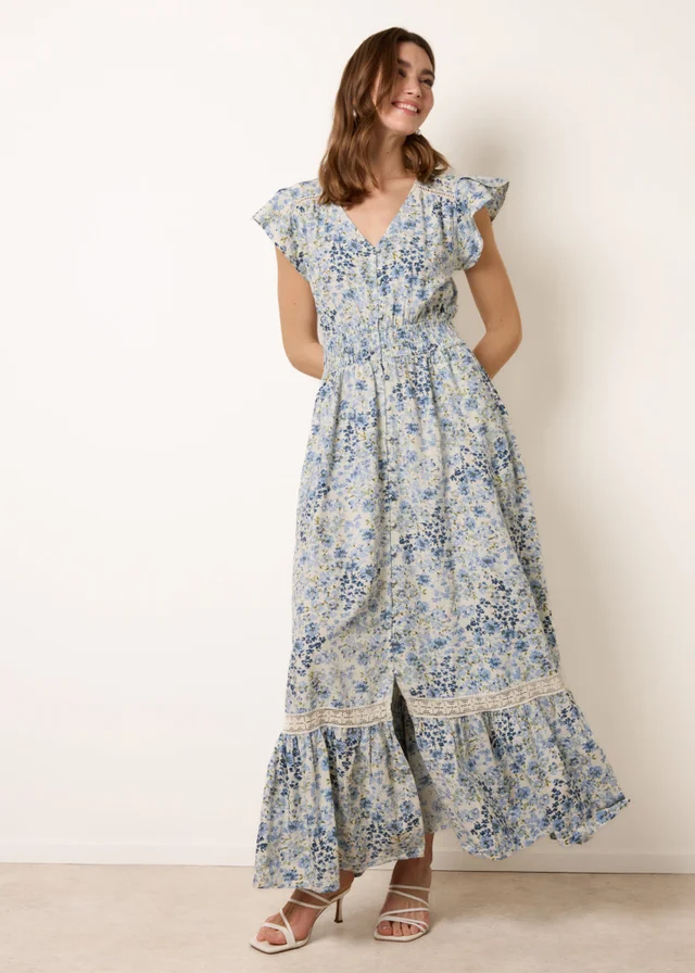 Blue Vanilla Blue Ditsy Floral Print Shirred Waist Button Front Maxi Dress
