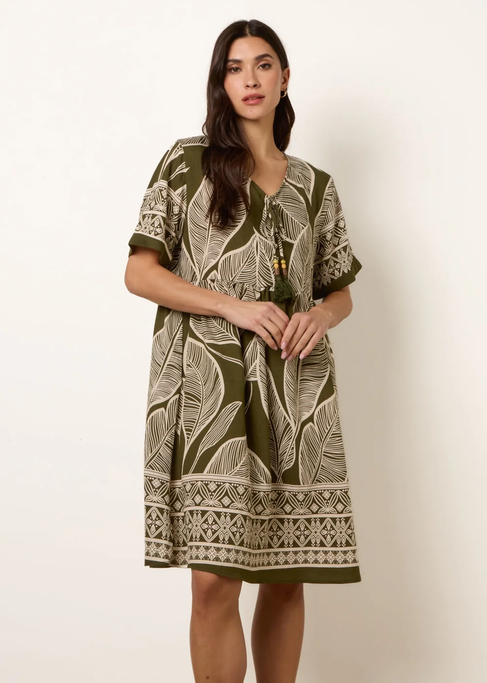 Blue Vanilla Khaki Dress With Tropical Leaf Print - M/L Image 2