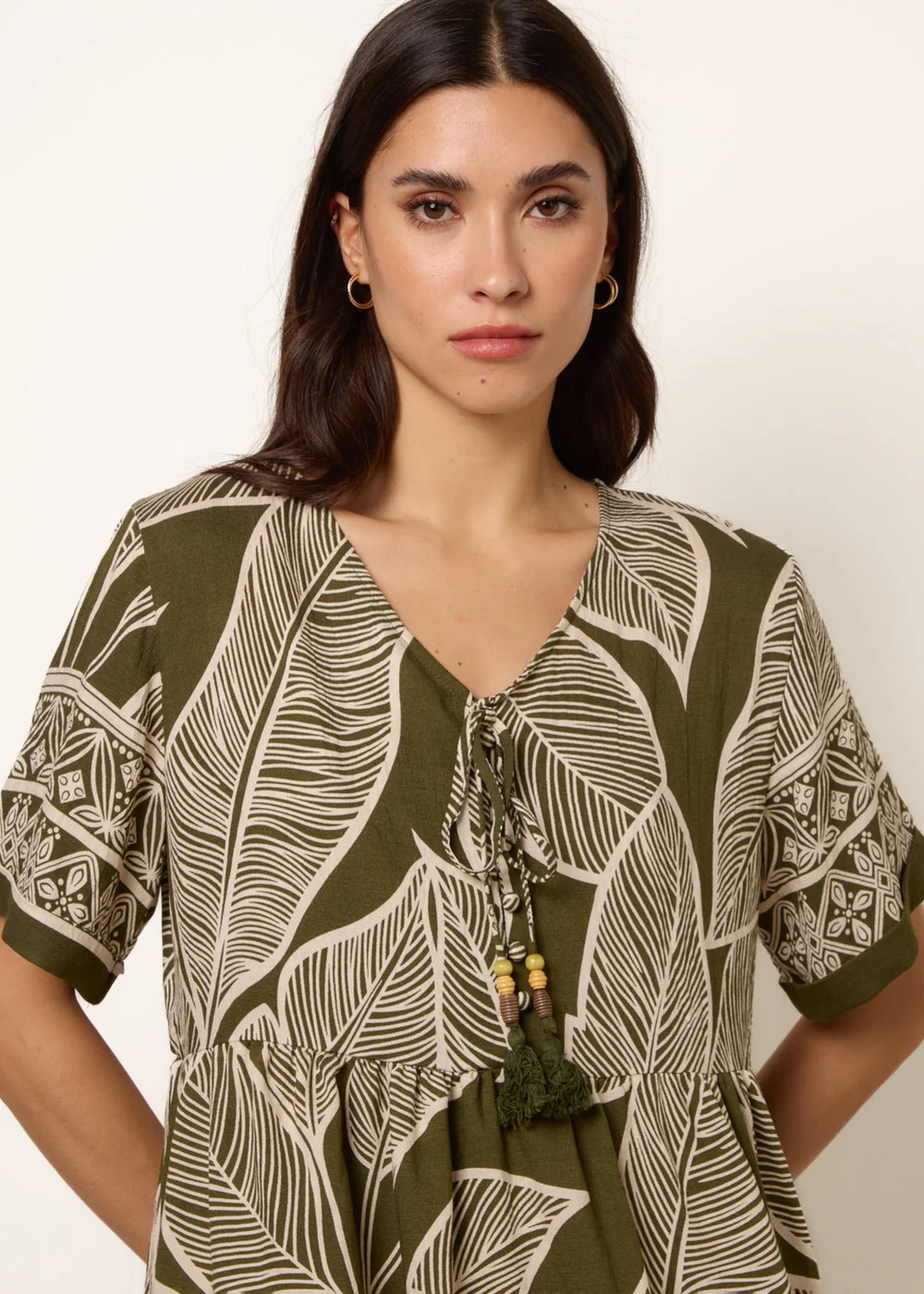 Blue Vanilla Khaki Dress With Tropical Leaf Print - M/L Image 3