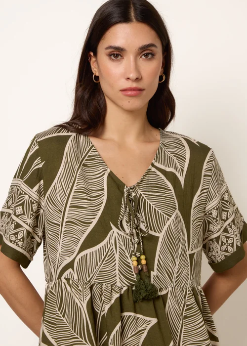 Blue Vanilla Khaki Dress With Tropical Leaf Print - M/L Image 3