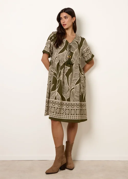 Blue Vanilla Khaki Dress With Tropical Leaf Print - M/L Image 1