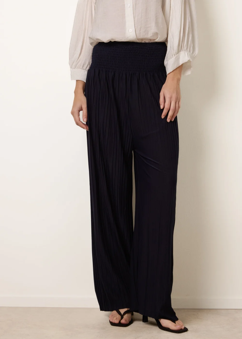 Blue Vanilla Navy Shirred Waist Pleated Wide Leg Trousers - One Size Image 2