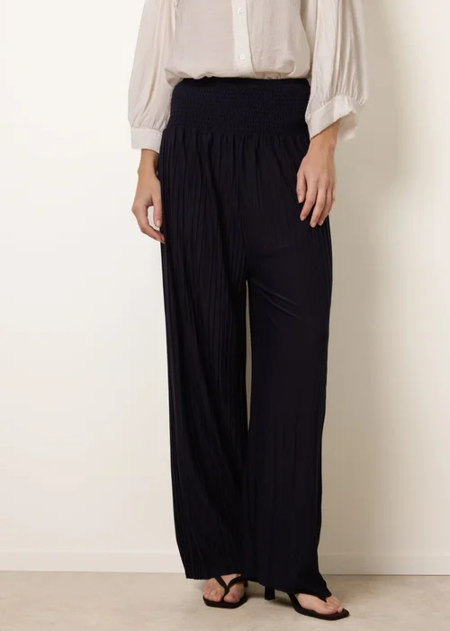 Blue Vanilla Navy Shirred Waist Pleated Wide Leg Trousers - One Size Image 2