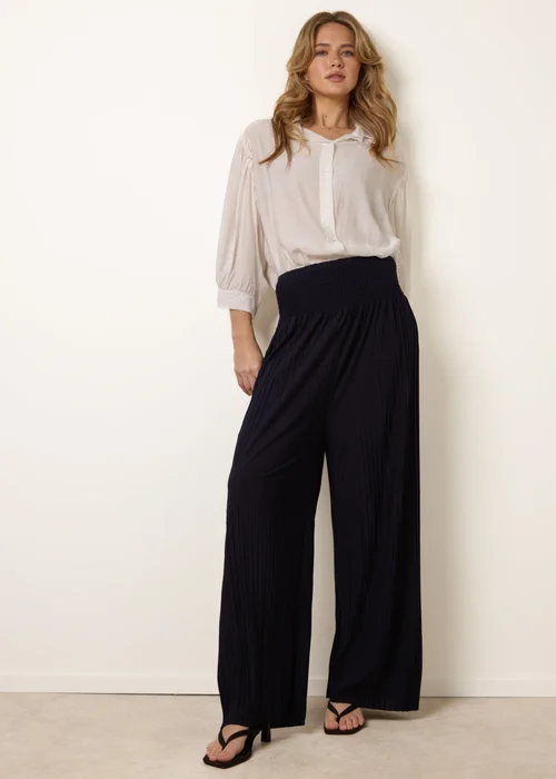 Blue Vanilla Navy Shirred Waist Pleated Wide Leg Trousers - One Size Image 1