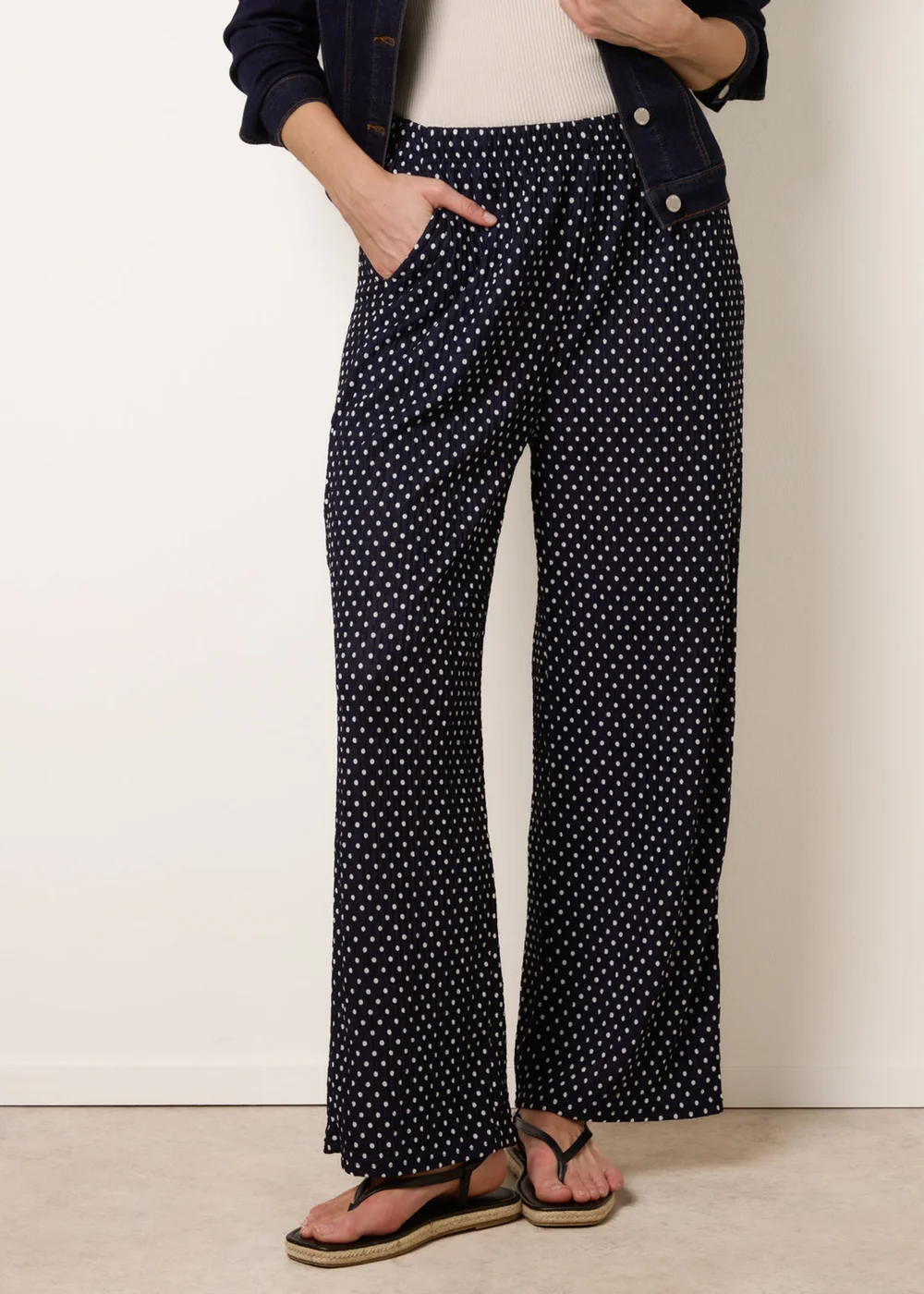 Blue Vanilla Navy Spot Print Crinkle Wide Leg Trousers - M Image 2